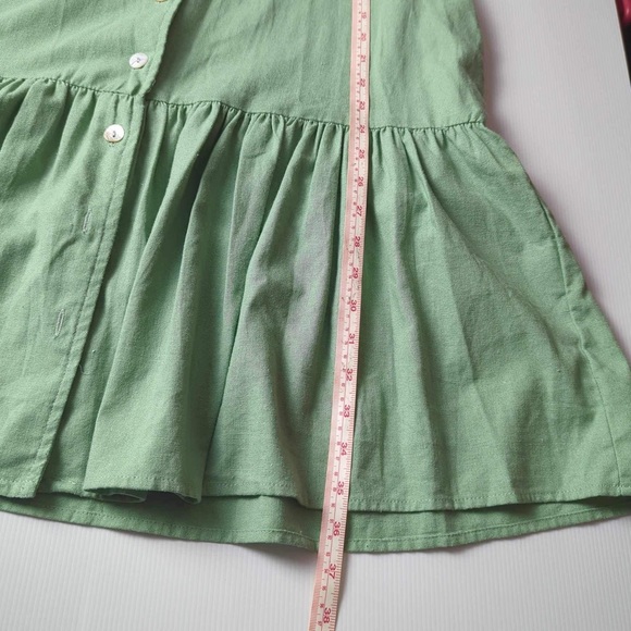 Linen Lux Mini Dress Green Shift Ruffle Hem V-Neck Summer Boho Beach Size M 12 - Picture 6 of 6